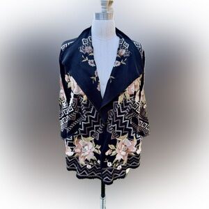 Johnny Was BIYA Bertram Open-Front Cardigan with Coral Floral Embroidery